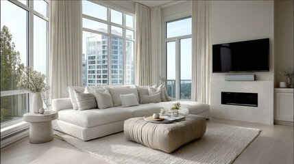 Fototapeta premium Modern light airy living room with large windows, white sofa, neutral decor, natural light, cozy atmosphere
