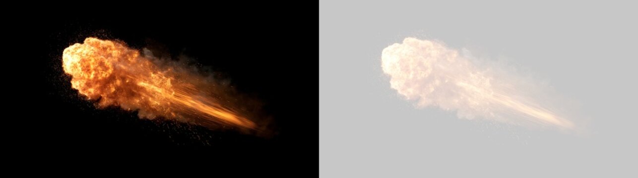Fireball explosion effect with smoke and sparks. Flying fiery blast visual effect asset on black and transparent background