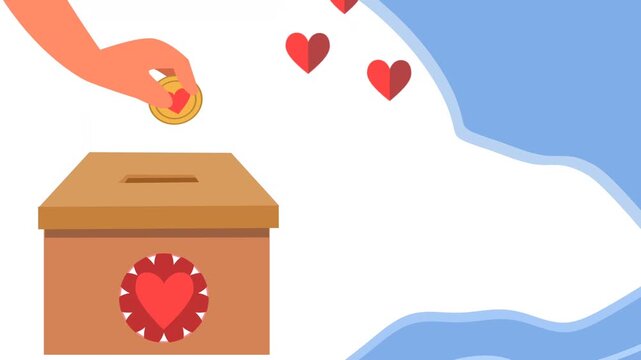 Flat vector animation of hand dropping heart coin into donation box with floating red hearts and copy space 