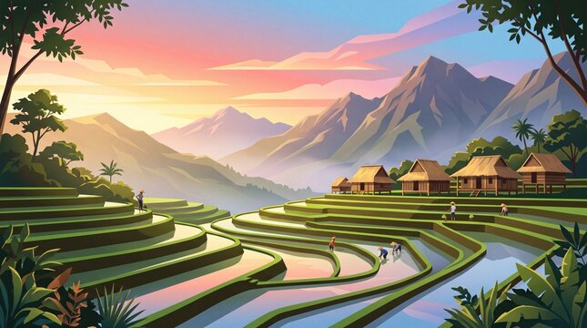 Cinematic Rice Terrace Landscape with Traditional Farmhouses Flat Vector