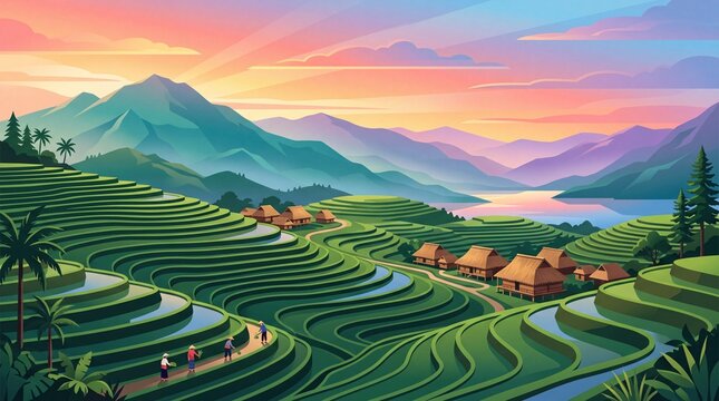 Flat Vector Illustration of Green Rice Terraces and Traditional Farmhouses