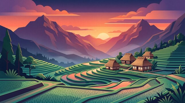 Flat Vector Illustration of Layered Green Rice Terraces and Traditional Farmhouses