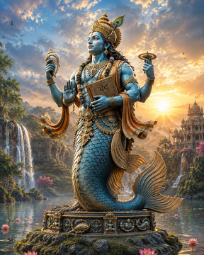 Intricate 3D render of Lord Vishnu in his Matsya Avatar, the first incarnation of the Dashavatara, depicted as a half-human, half-fish divine form standing on a lotus lake pedestal. The four-armed 