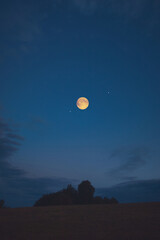Full Moon, stars and planets above landscape silhouettes in blue hour time. © astrosystem