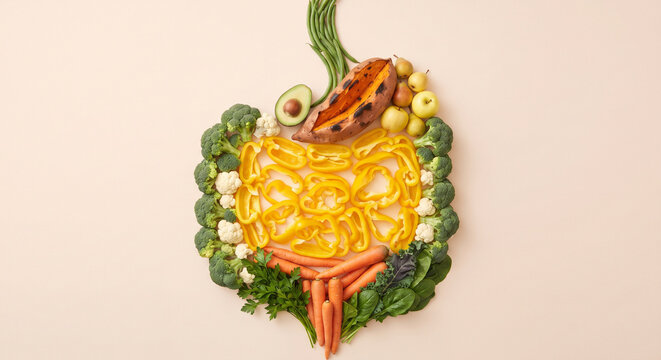 Digestive system shape created from fresh colorful vegetables and fruits arranged on a flat surface providing a vibrant healthy food concept that promotes nutrition wellness and balanced gut health li
