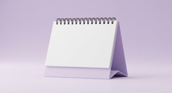Blank desk calendar mockup with white paper pages and black wire binding standing on soft light purple background for creative office planning or business schedule branding and promotional display des