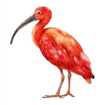Detailed Watercolor Painting Of A Vibrant Scarlet Ibis Bird Standing On White Background