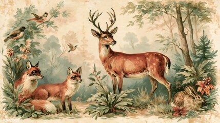 Fototapeta premium Deer, foxes, rabbit, and birds in a retro nature scene