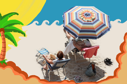 Sol y playa con sombrilla, ba&ntilde;istas y dibujo ilustraci&oacute;n editable verano de vacaciones con palmera, olas, arena y cielo azul creatividad original ilustrativo