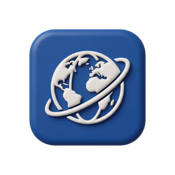 3d render of a blue app icon featuring a white globe symbol with an orbiting ring, representing global connectivity and internet, animated 4k stick video isolated on transparent background