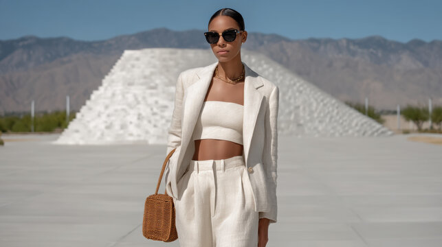Chic woman in beige suit, crop top, sunglasses, woven bag, outdoor, mountain background, confident style