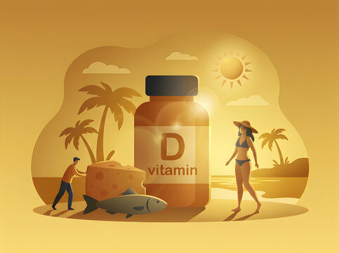 Vitamin D bottle on beach with sunshine and summer vacation elements, 3D illustration