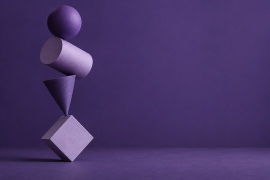Stack of purple geometric shapes balancing in an impossible equilibrium on a violet background, with a smooth finish for architecture and finance ads