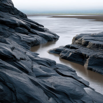 Smooth black rocks, undulating river, tranquil landscape, misty horizon, serene water, natural formation, peaceful mood