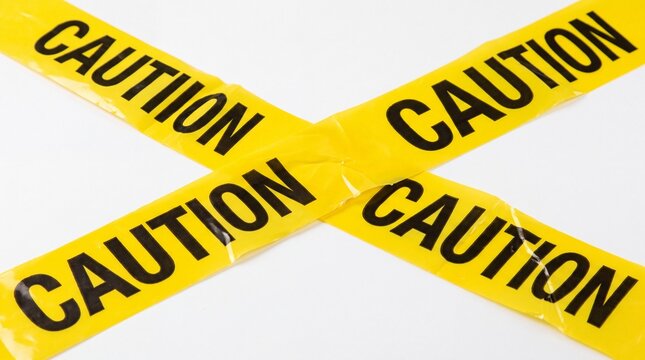 Two strips of yellow caution tape arranged in an x shape against a plain background with lengths bright yellow shape white surface crossed form shape