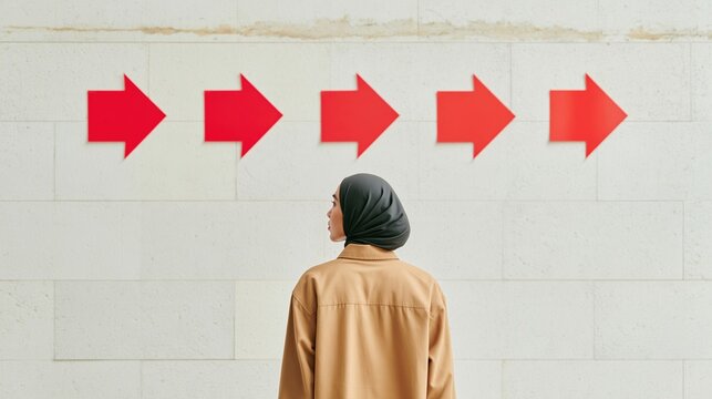 Woman in a hijab looking at red arrows on a concrete wall, focused and calm for disaster risk reduction and resilience concepts with copy space