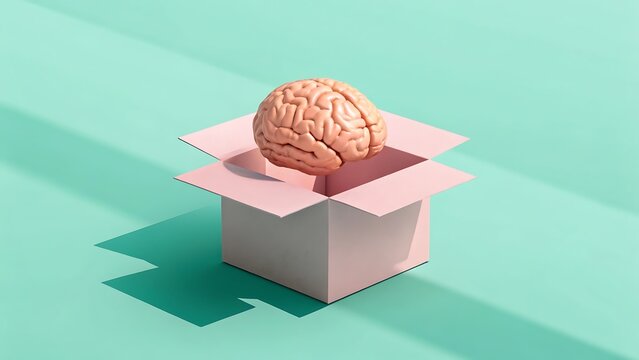 A 3D minimalist render of a human brain floating above an open pink cardboard box on turquoise background
