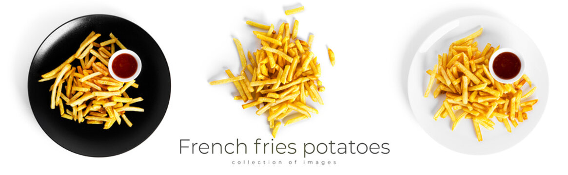 French fries potatoes with fried eggs isolated on a white background. Fried potaoes isolated.