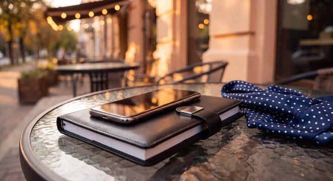 Smartphone and black leather notebook resting on a glass table at an outdoor cafe terrace with planner glass topped smartphone lies top cafe during sunset