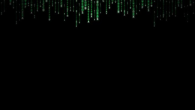 Digital matrix code background with falling green characters on black screen