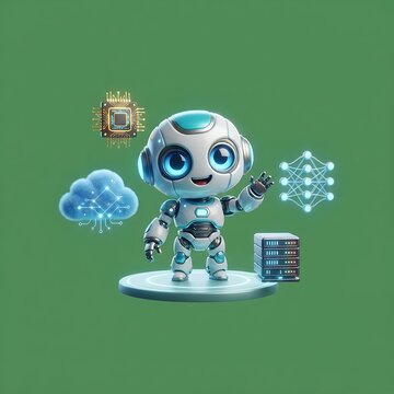 A cute small robot waving amidst digital cloud and data network technology icons