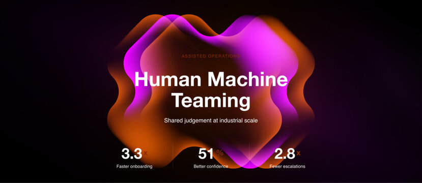 Abstract design showcases Human Machine Teaming concept. Metrics highlight faster onboarding, confidence boost, fewer escalations.