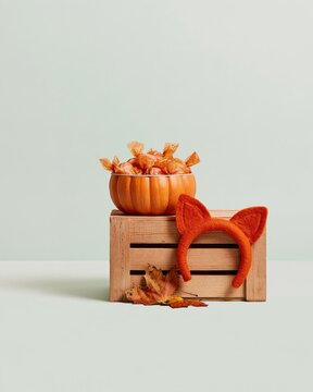 Halloween candy bowl and cat ear headband on a rustic wooden crate, featuring crinkled wrappers and autumn leaves with copy space