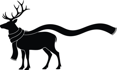 Minimalist black silhouette of a reindeer wearing a long scarf © VectorCraft BD