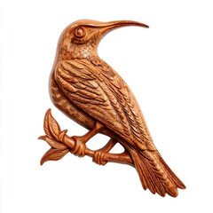 Fototapeta premium Hand Carved Wooden Hummingbird Ornament On A Branch Isolated On A Crisp White Background