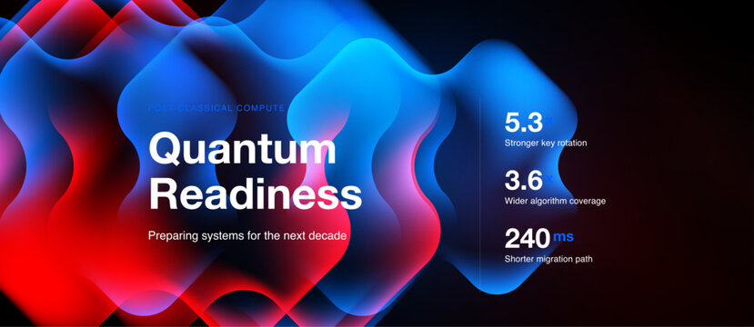 Quantum readiness concept presented. Colorful abstract shapes highlight future systems preparation, metrics shown for performance gains.
