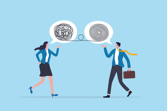 Difficult conversation, communication to solve problem, conflict or misunderstanding, talk or dialogue argument, disagreement challenge, business people talk with tangled chaos knot to solution.