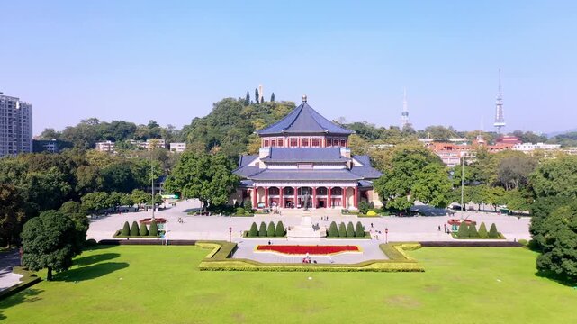 Aerial View of Sun Yat-sen Memorial Hall in Guangzhou, China with Green Lawns and Blue Sky