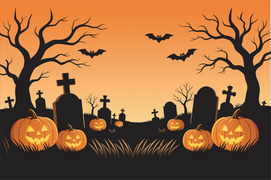 Halloween graveyard landscape with pumpkins, tombstones, and flying bats in flat 2D style. Vector illustration for spooky background.