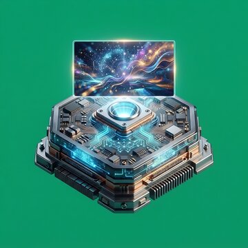 Futuristic hexagonal digital processor creating a floating abstract video projection