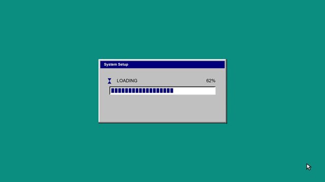 Retro computer system setup screen displays a loading progress bar from 5 to 100 on a classic 8 bit interface with a solid teal background