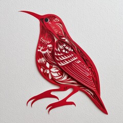 Fototapeta premium Intricate Red Laser Cut Hummingbird Paper Craft Art On Sparkling Silver Textured Background