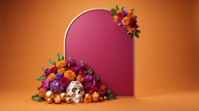 Day of the Dead display with marigold flowers and sugar skull mockup