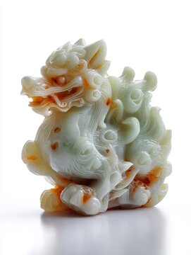 Intricate Carved Pale Green Jade Pixiu Statue Isolated On White Background