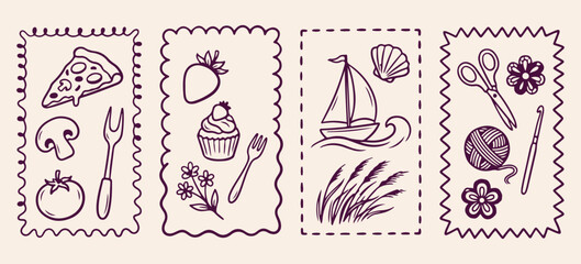 Fototapeta premium sweet dessert bakery cafe stamp set, strawberry cream frosted cupcake line art, sailing yacht boat ocean cruise sketches, maritime coastal sea wave travel drawings, confectionery pastry chef snack gra