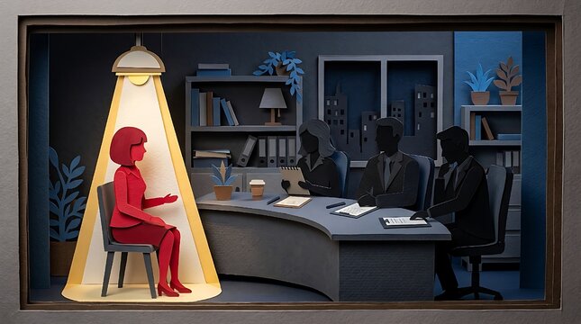 Job interview scene built from cut paper with a spotlit red figure sitting opposite grey and black silhouette interviewers