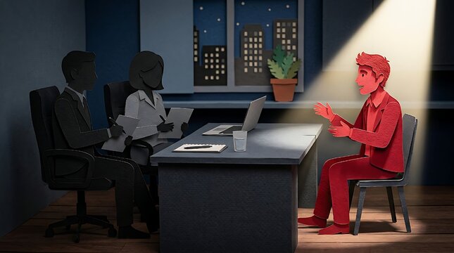 Job interview scene built from cut paper with a spotlit red figure sitting opposite grey and black silhouette interviewers