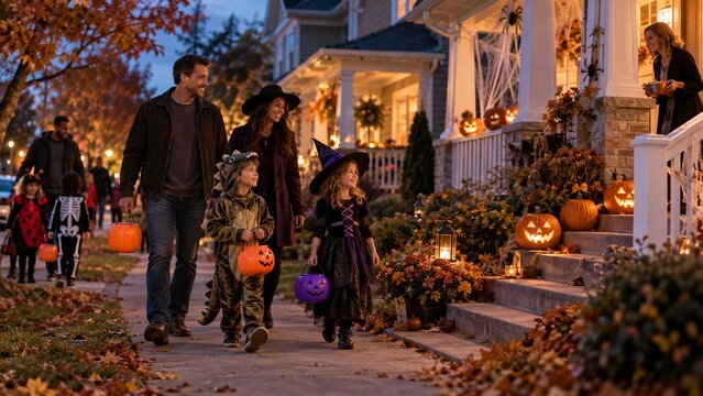 Family Trick or Treating in American Suburban Neighborhood