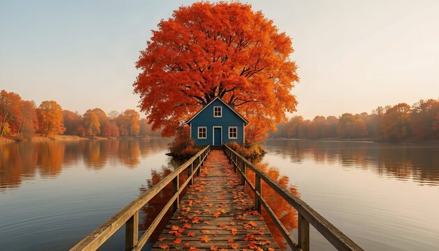 Cozy blue cottage on a small island connected by a long wooden pier with fallen autumn leaves, backed by a huge glowing orange tree and calm water.
