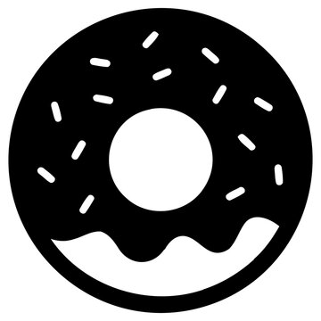 Minimalist donut icon with sprinkles graphic design element for culinary branding with flat black silhouette circular donut decorative sprinkles