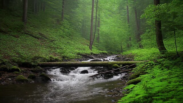 Serene forest stream flowing through lush green foliage with gentle mist and soft light