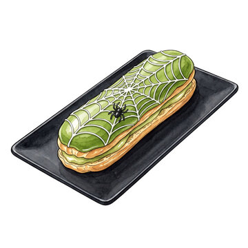 Watercolor Halloween Matcha Eclair with Green Icing, White Spiderweb Pattern, and Black Spider on Rectangular Plate