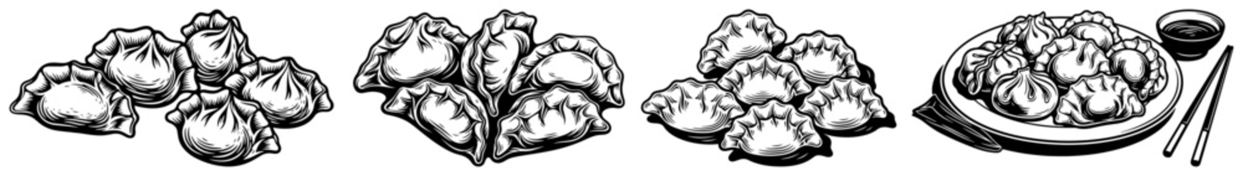 Asian dumplings and dim sum set vector illustration, traditional gyoza pierogi and chopsticks isolated on white