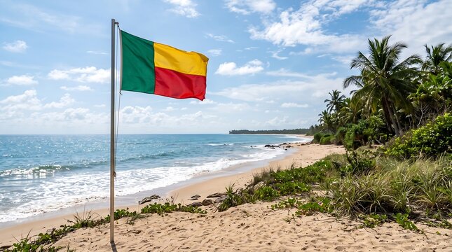 National Flag of Benin waving on flagpole at tropical sandy beach with ocean and palms