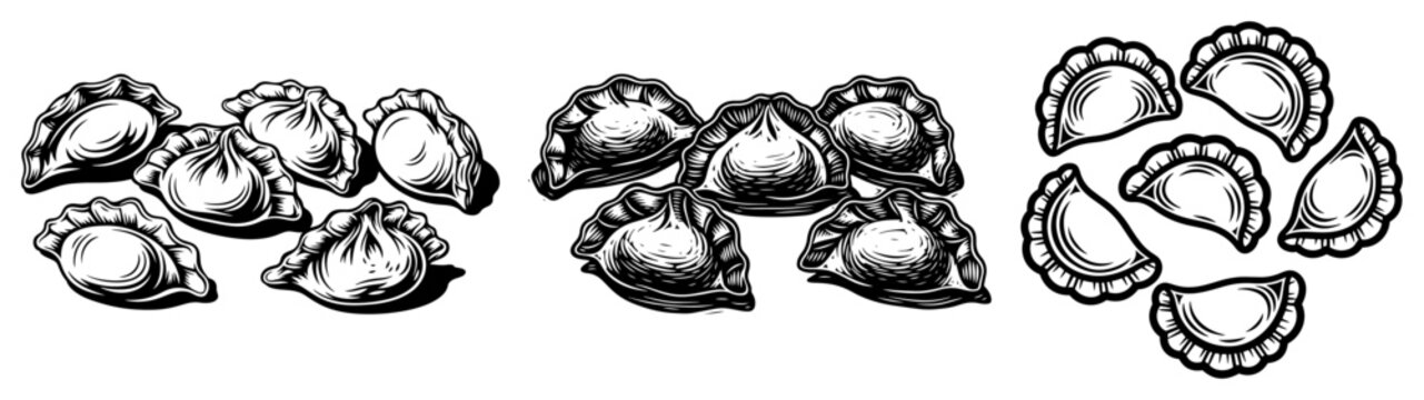 Traditional dumplings pierogi vector set illustration, pelmeni and varenyky pastry isolated on white
