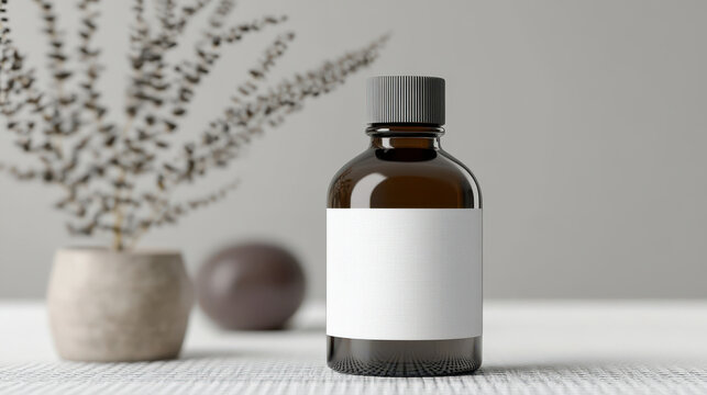 Amber glass bottle with a blank label stands on a table beside a decorative plant.